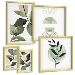BILDER SET 5er Set - 50x50 cm & 20x30 cm & 40x60 cm Goldrahmen - Abstrakte Darstellung gemalter Blätter