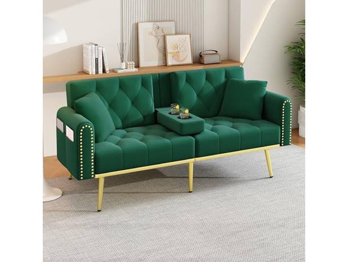 BTM Klein Klappsofa Schlafsofa mit Liegefunktion 2 Sitzer Sofa mit Schlaffunktion für Wohnzimmer Couch Stoffbezug Grün