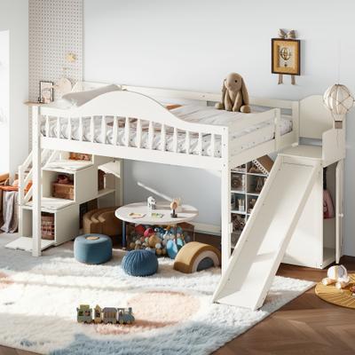 GREATPLANINC Wooden Loft Bed with Storage Stairs Slide Wardrobe Guardrail