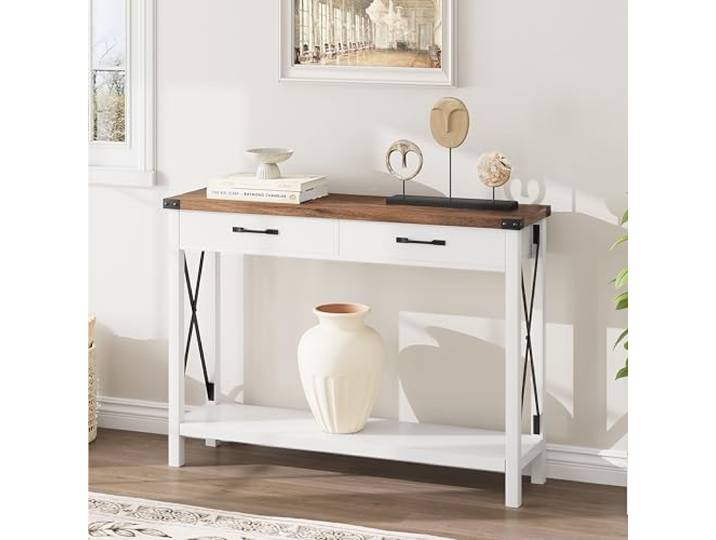 Garvee Diavoni Konsole mit 2 Schubladen und Ablage, 110 x 30 x 80 cm Schmaler Tisch für Eingang, Wohnzimmer und Flur, Industrial Farmhouse Stil