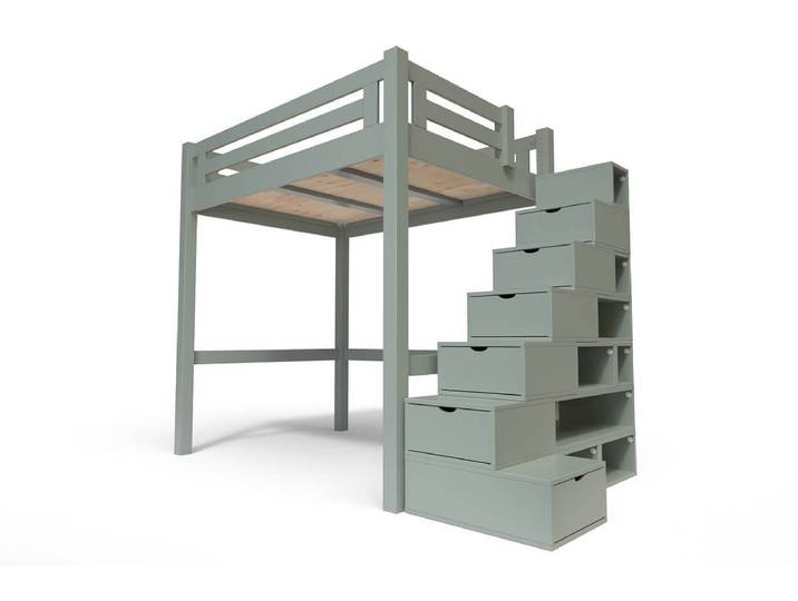 Lit Mezzanine adulte bois 140x200 Alpage hauteur réglable + escalier cube 140x200 Gris