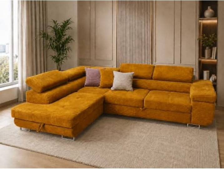 KMK GNYCH Sofa Aston 275x202x90 cm, Schlaffunktion, Gold, Links L-Form Ecksofa, Modern Couch mit Bettkasten, Weiches Sofa fürs Wohnzimmer, Schlafsofa, Eleganter Poso Stoff