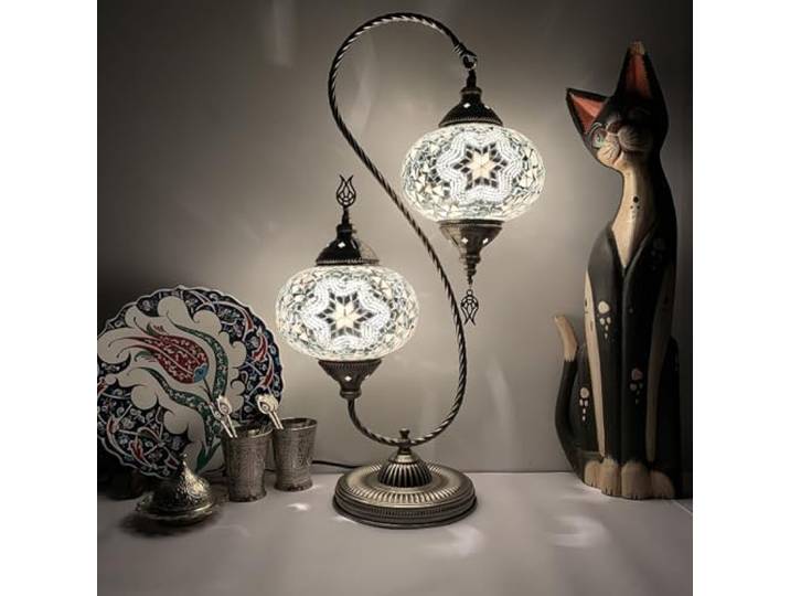 GDLight Türkische Mosaik-Tischlampen mit Schwanenhals und 2 Lichtern, Marokkanische Klassische Tischlampen mit Doppelkopf Handgefertigte Nachtlichter aus Glas für Schlafzimmer, Kinderzimmer, Café,F