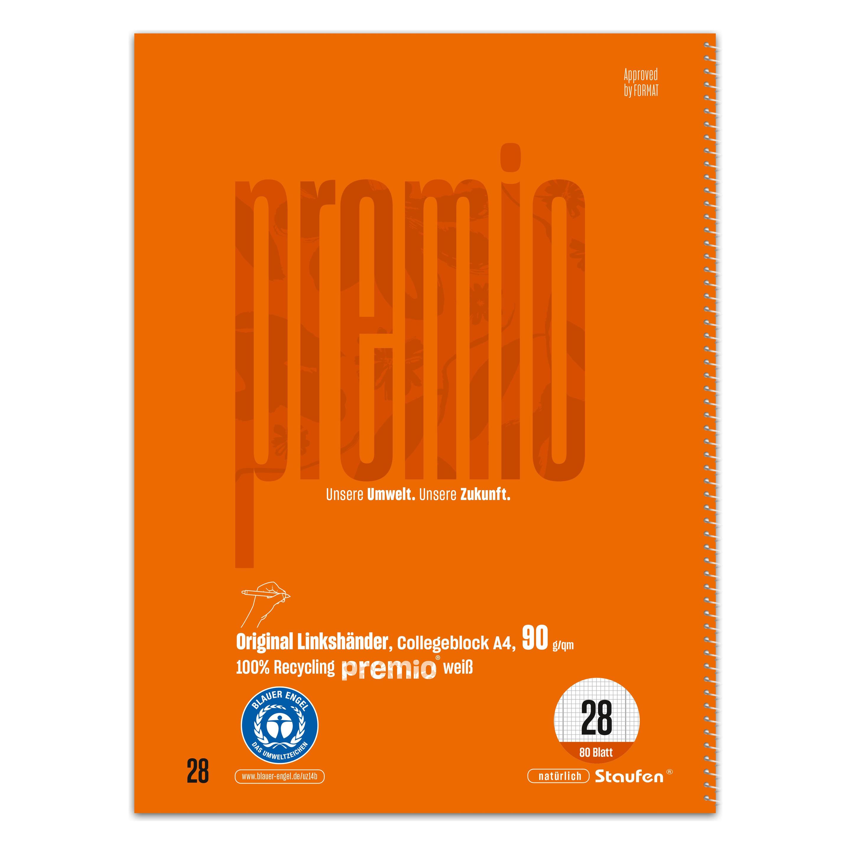 Staufen Collegeblock Premio, Spiralbindung, 90 g/qm, DIN A4, 80 Blatt (A4, Kariert, Weicher Einband) (040838028)