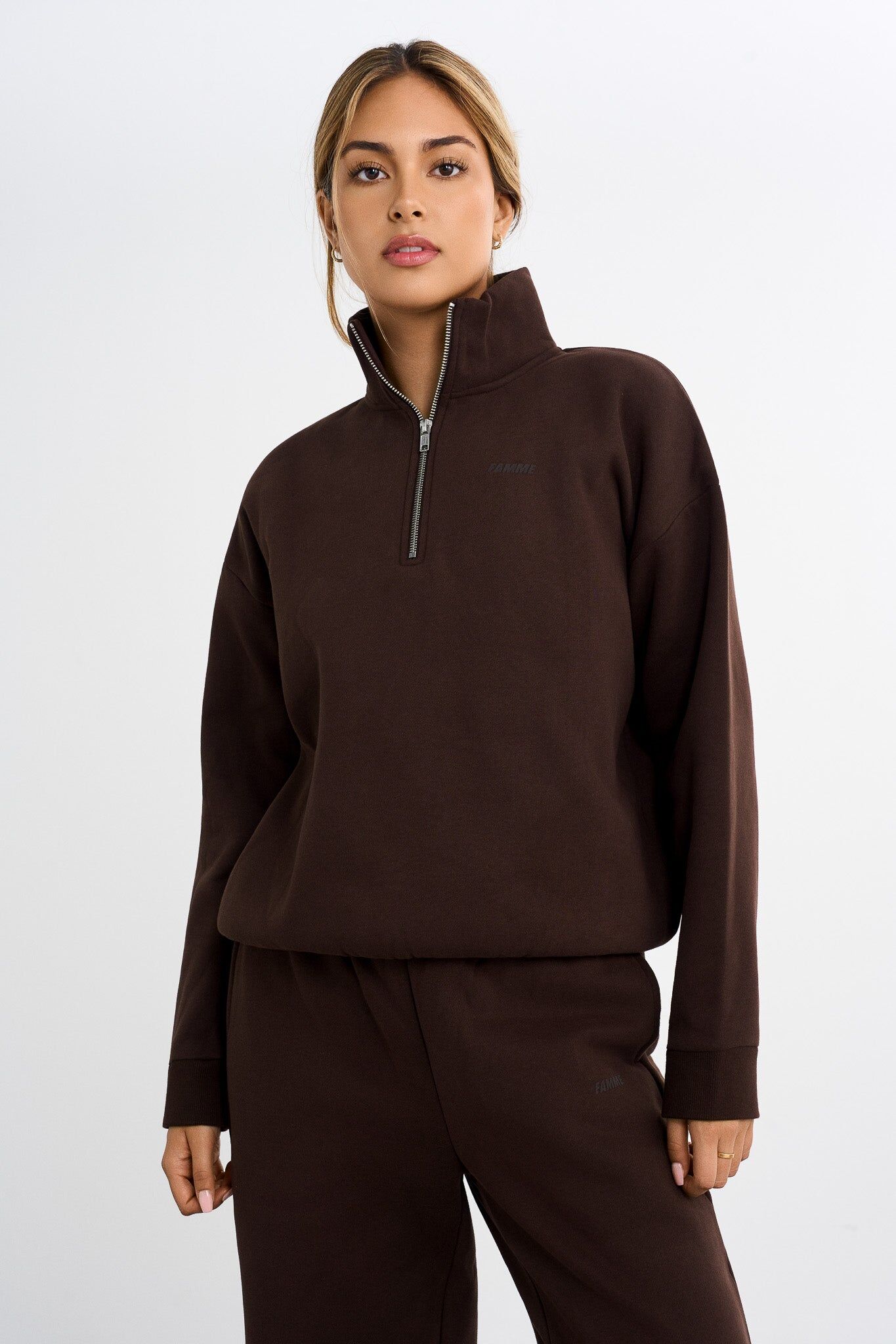 FAMME - Half Zip Sweater - Brown / XL