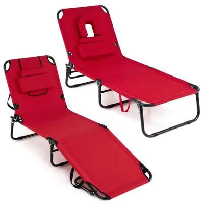 Costway Set of 2 Folding Face Down Tanning Chair with Face Hole 3 Removable Pillows-Red
