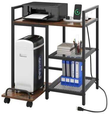 Costway Printer Stand with Charging Station and Storage Shelves-Rustic Brown