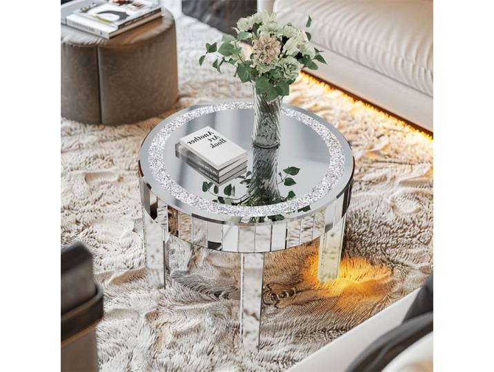 Table Basse Ronde - UNHO - 60x60x50cm - MDF + Verre - Argenté - Design Contemporain