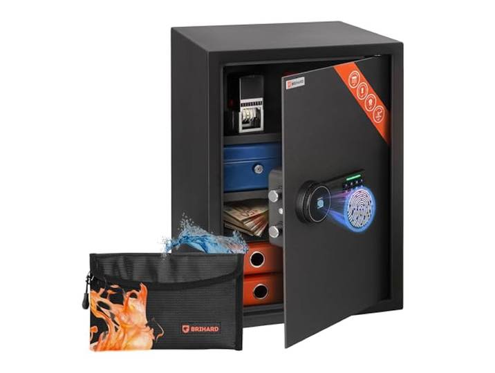 Brihard Business XL Safe Tresor 50x35x36cm für Zuhause mit Fingerabdruck Sensor inkl. feuerfeste Dokumententasche mit 2 anpassbaren Einlegeböden, Tresor 60L für A4 Dokumente, als Geldversteck & Mehr