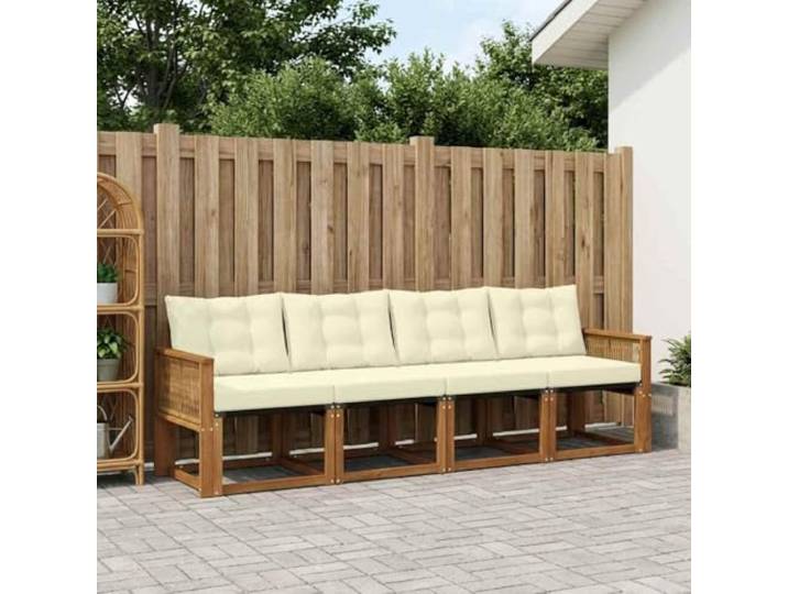 HFMDRMU Modulares Sofa Outdoor aus massivem Akazienholz, 5-teilige Sofagarnitur mit Kissen in Natur und Creme, wetterbeständiges Gartenmöbelset für Terrasse und Garten, pflegeleichtes