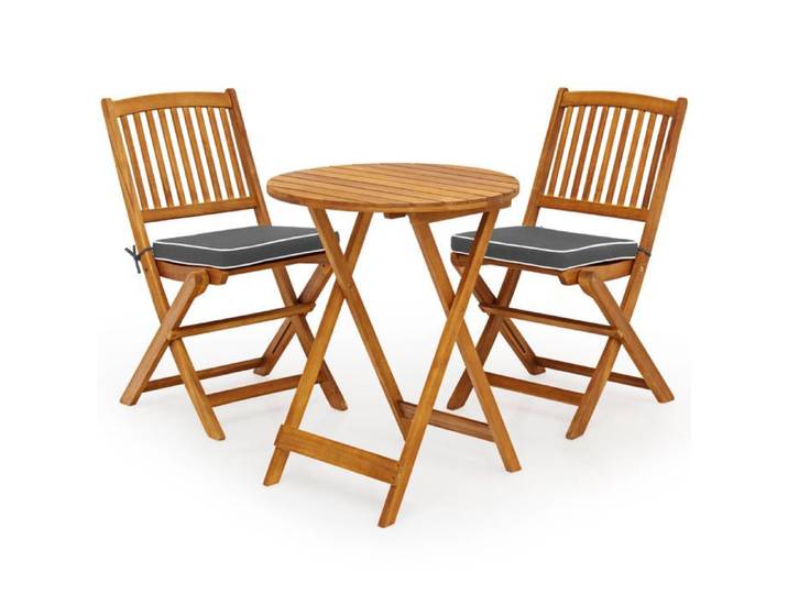 Ensemble table et chaises de jardin - HELLOSHOP26 - Lot bistro 3 pcs - Bois d'acacia - Pliant - Coussins amovibles