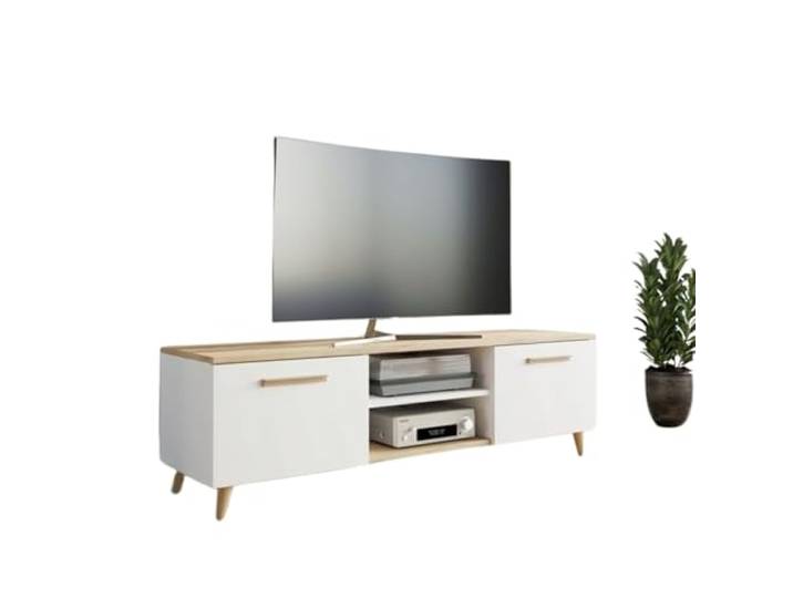 Per la vita TV-Schrank Bergen – Skandinavischer Fernsehtisch in Weiß/Artisan 150x47x40 cm – Modernes TV Möbel für Wohnzimmer – Kompaktes TV Sideboard im minimalistischen Design