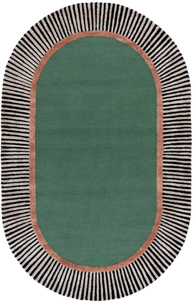 Ebern Designs Oval Striped Wool Hand Tufted Area Rug Green / Black Oval 183 x 274 cm