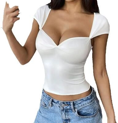 Lush Living Finds Women's Slim Fit Cropped T Shirt Casual Solid Color Summer Top white s