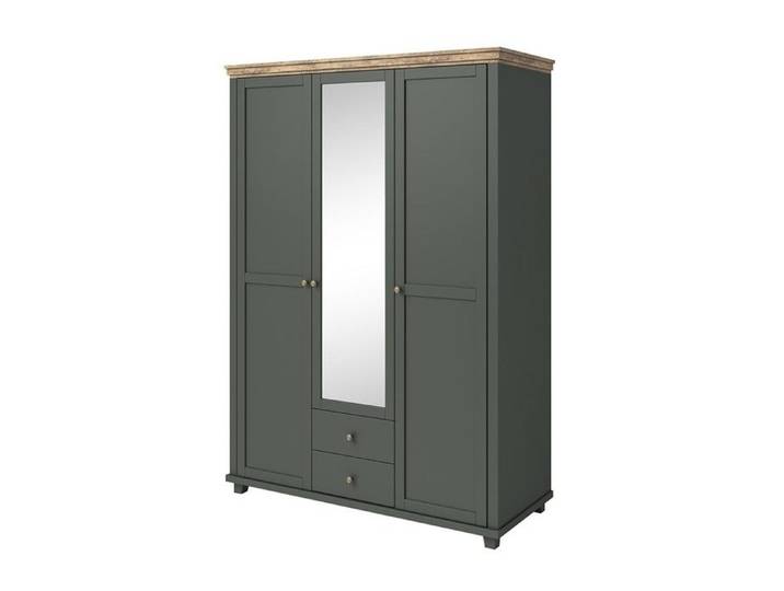 Armoire 150x220 avec 3 portes et 2 tiroirs. Coloris vert kaki et chêne. Collection ASSIA