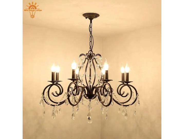 Lustre vintage noir à 6 lumières, lampe suspendue ronde en fer avec cristaux pour salon, salle à manger, chambre à coucher