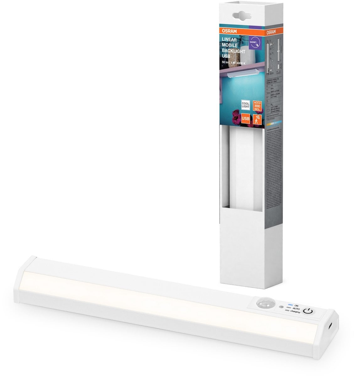 Osram LINEAR Mobiele LED-onderkastverlichting met bewegingsmelder, 200 mm, Wit, Aluminium, USB-oplaadbaar