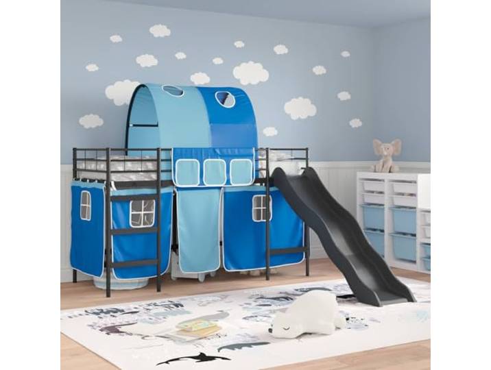 KTHLBRH Bett Loft für Kinder, 75 x 190 cm, Schwarz / Blau Bogendesign, Vorhänge inklusive, robuste Struktur, Spiel- und Ruheplatz