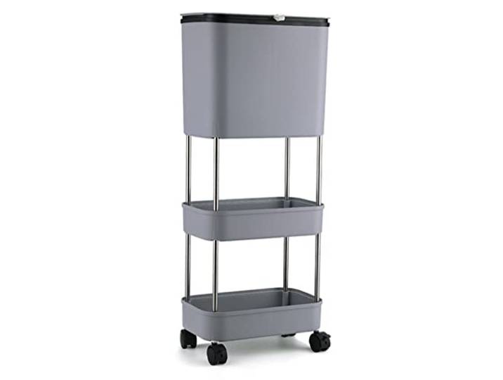 OIFAODAO Mülltonnen， Rechteckiger 2-Fächer-Mülleimer mit Rädern Bad Küche Schlafzimmer(/Gray,3 Tiers)