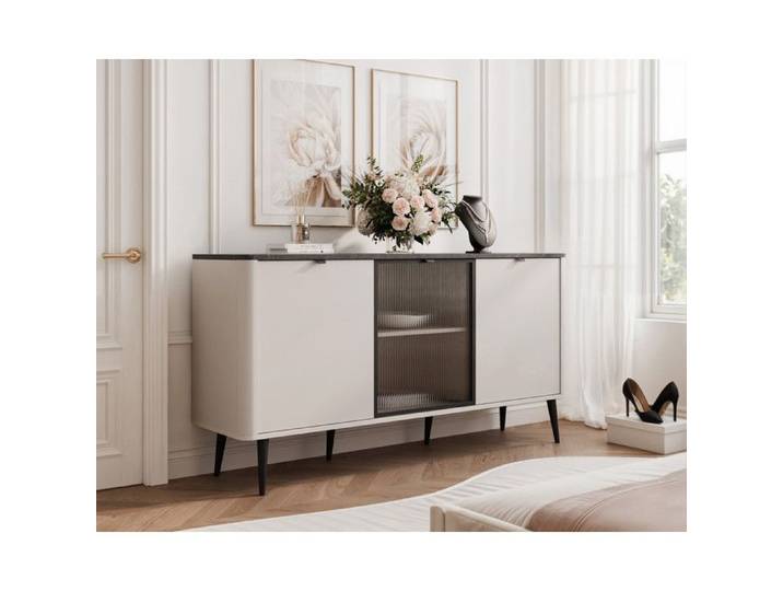 Commode Salon avec Vitrine NAVANI - Commode Chambre - 160x40x82 cm - 3 portes - Cachemire/Gris