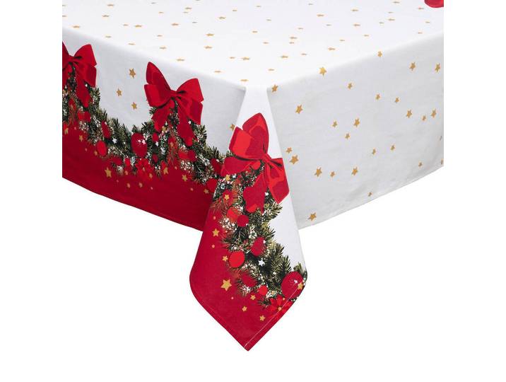 Atmosphera Createur d´interieur Tischdecke Weihnachtsmotiv Girlande Schleifen, Mehrfarbig, Naturmaterialen, Heimtextilien, Wohntextilien, Tischwäsche, Tischdecken