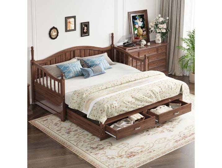 Canapé‑lit convertible - PAGE Living - 90→180x190 - Bois massif noyer - 2 tiroirs de rangement