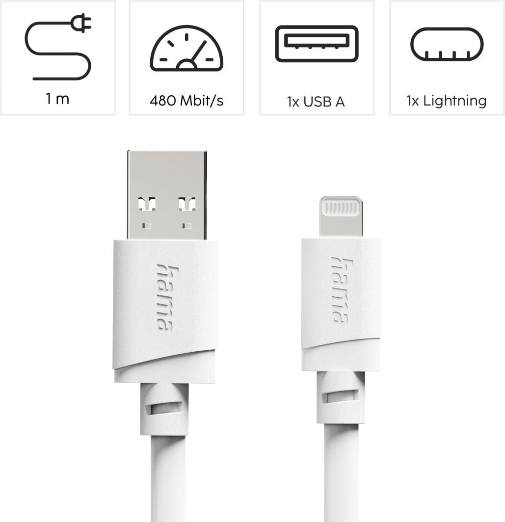 Hama USB-Kabel "USB-A auf Lightning Ladekabel 1 m weiß", weiß, 100cmcm, Kabel, Schnellladen, 480 Mbit/s, MFi zertifiziert, breite Kompatibilität, USB-Kabel