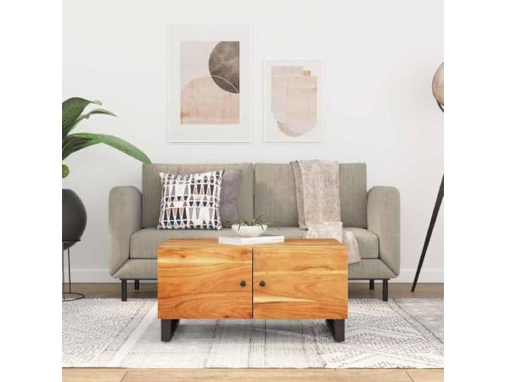 HEFZGDB Couchtisch 80x50x40 cm aus Massivholz Akazie & Holzwerkstoff mit Zwei Fächern und Türen für Stauraum, robuster Wohnzimmertisch mit starker Tischplatte, langlebiges Möbelstück