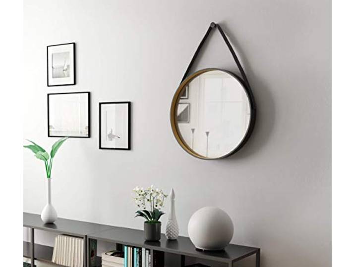 Talos Golden Style Ø 55 cm - ronde spiegel met een hoogwaardige aluminium lijst in zwart/goud - spiegel met ophangband in lederlook