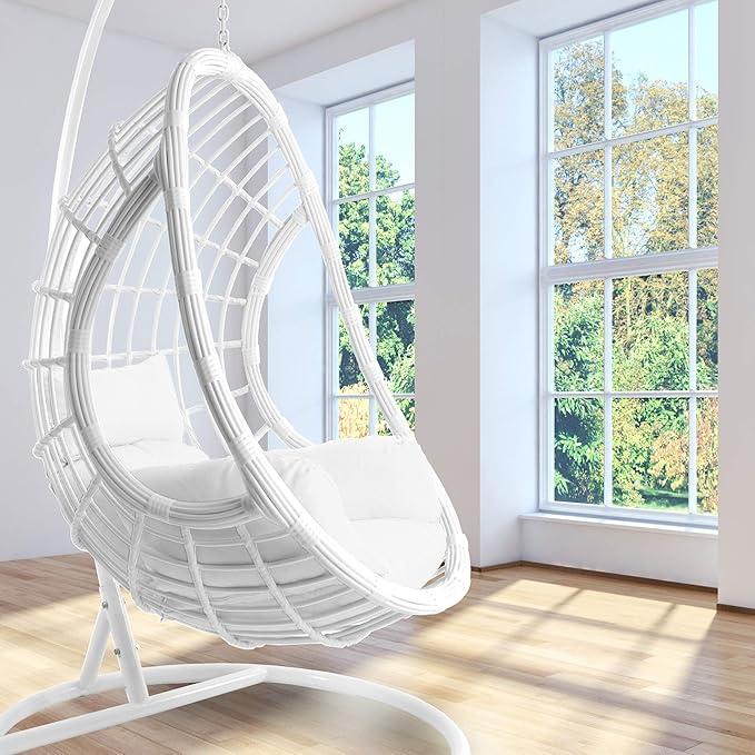 Komplettset: weißer Hängesessel mit Gestell & Kissen, Schwingsessel, Poly-Rattan, Loungemöbel, Lounge weiß