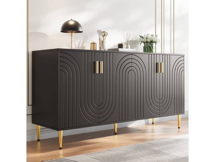 Buffet Cuisine Avec 4 Portes Buffet Bas Salle A Manger Design Unique En Vagues Poignées Et Pieds Dorés 152 X 40 X 75 Cm - Noir
