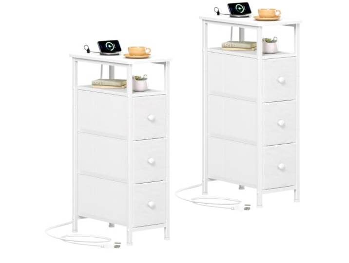 Somdot Schmaler Beistelltisch 2er Set, Ladestation, Beistelltisch, 3 Schubladen