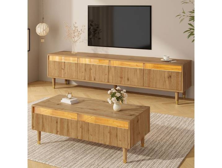 VUENOR Ensemble de salon LED décor bois avec meuble TV 4 portes et table basse 2 tiroirs