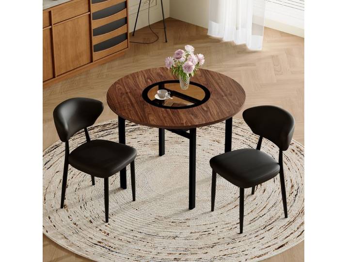 Ensemble table et chaises rondes 100 cm - TCQPZ - Plateau aspect bois marron 2 chaises en polyuréthane noir dossier incurvé