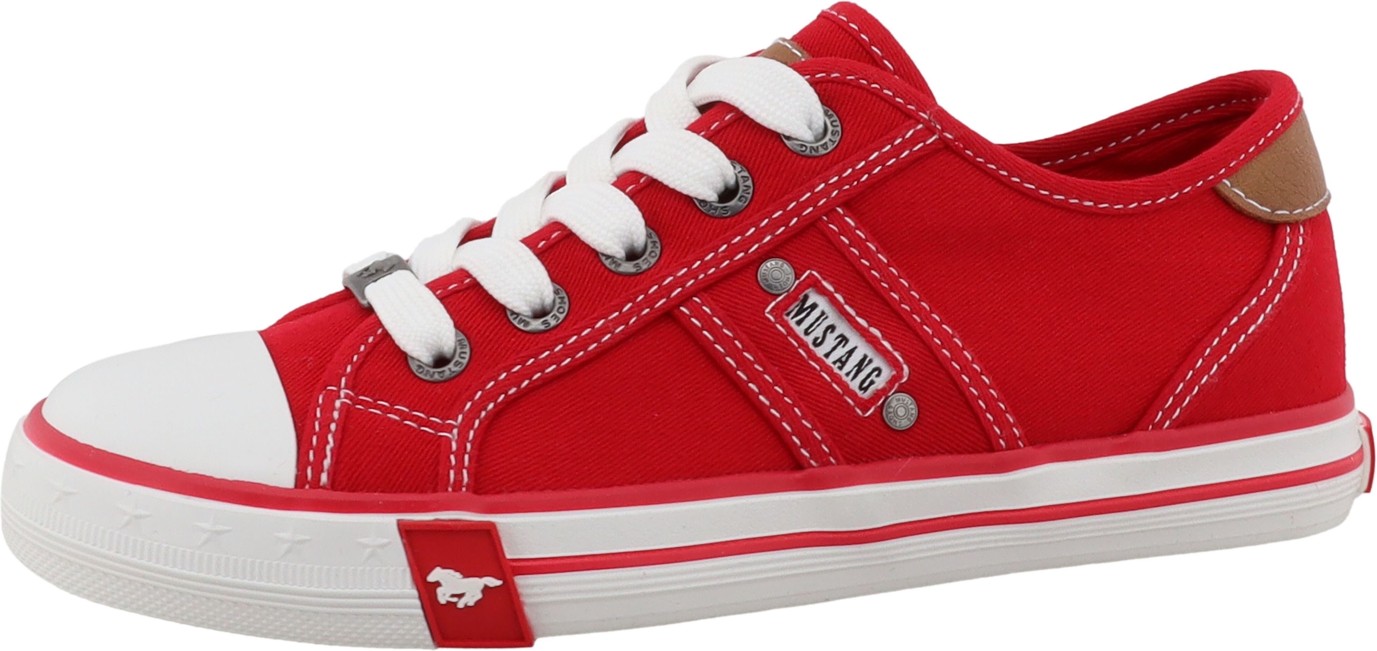 Sneaker MUSTANG SHOES "Gaspare", Kinder, Gr. 31, Baumwolle, rot, Schuhe Sneaker, Freizeitschuh, Halbschuh, Schnürschuh mit auffälliger Kontrastnaht