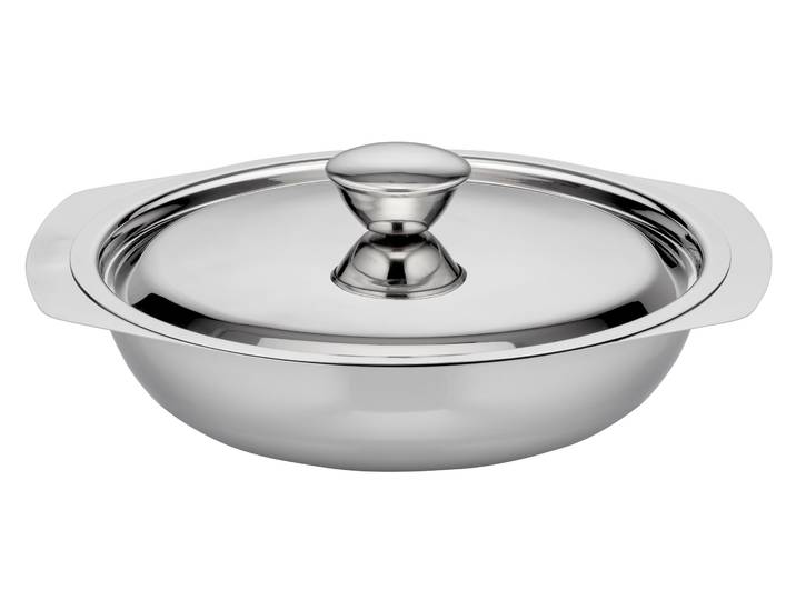 Servierschale GSW flache Beilagen- und Servierschale mit Deckel , silberfarben, H:4,5cm Ø:18cm, Edelstahl, Schüsseln, Servierschale, Beilagen- und Servierschale aus Edelstahl 18/8 – vielseitig einsetzbar