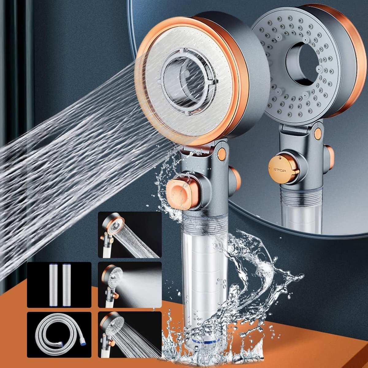 Waterbesparende hogedruk handdouche met 1,5 meter slang in zilver
