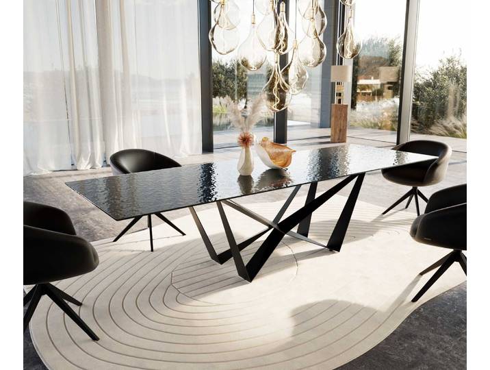 Esstisch Edge 300x100 Reliefglas Rauchschwarz 3D-Design Spider Flachstahl Schwarz, Esstische