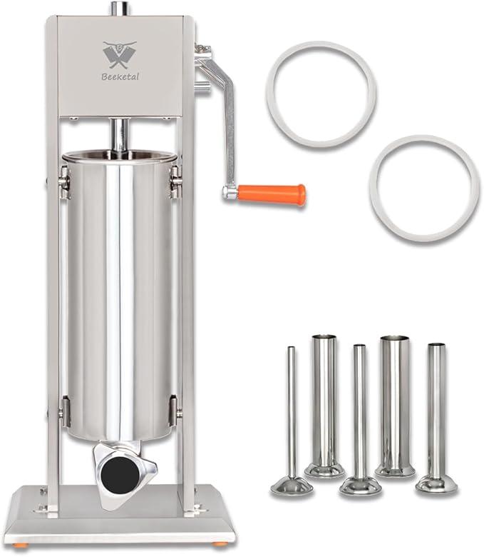 Edelstahl Industrie Wurstfüllmaschine (7 L Volumen) S, Profi Wurstfüller mit gehärtetem 2 Gang Vollmetall-Getriebe und 90° Aluguss Handkurbel, inkl. 5 Fülltüllen