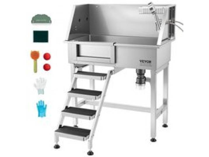 VEVOR Baignoire de Toilettage pour Chien 86,4 cm, Station de Lavage pour Animaux en Acier Inoxydable, avec Douche, Robinet, Porte-Savon, Escaliers Antidérapants, pour Petits Chats Chiens, Porte Gauche