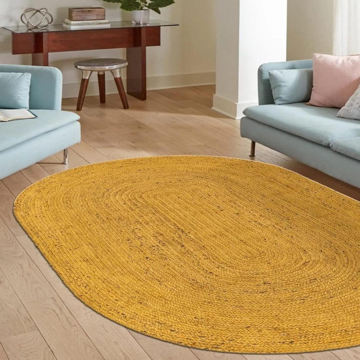 Handgeweven ovaal jute vloerkleed in boho stijl