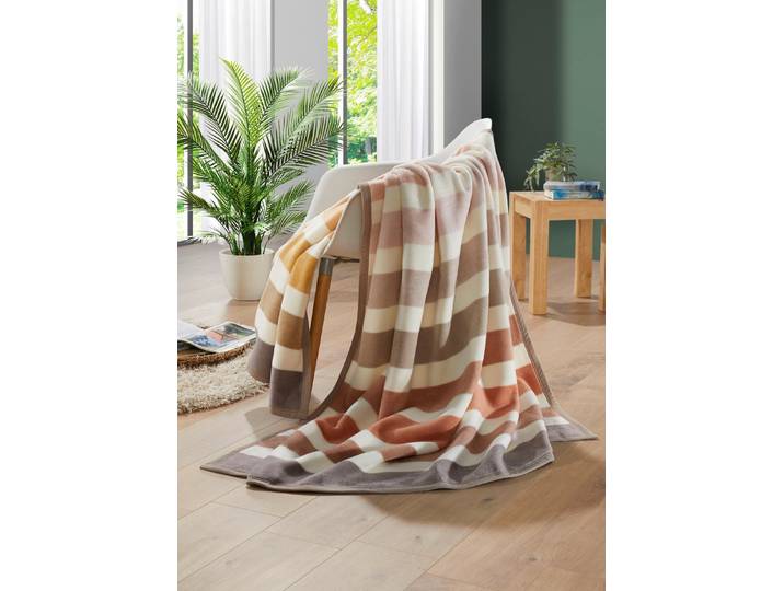 Wohndecke mit Veloursbandeinfassung, Beige-Braun Gestreift
