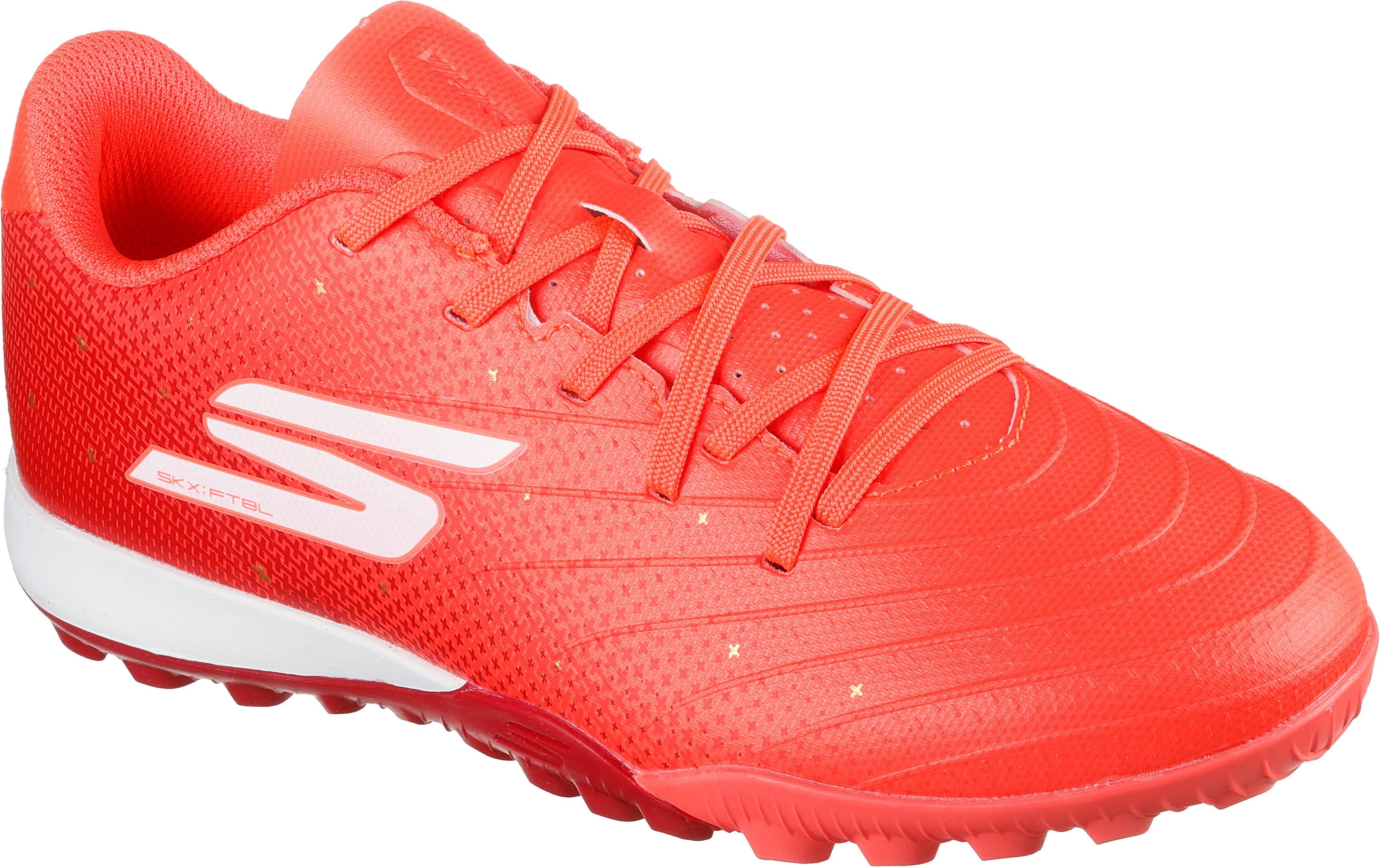 Fußballschuh SKECHERS "Skechers Soccer™ Harry Kane SKX_1.5 (HK) Jr Td TF™", Damen, Gr. 29, Textil, rot (crl korall, rot), Synthetik, gemustert, Schuhe Fußballschuh, Trainingsschuh für Rasenflächen konzipiert