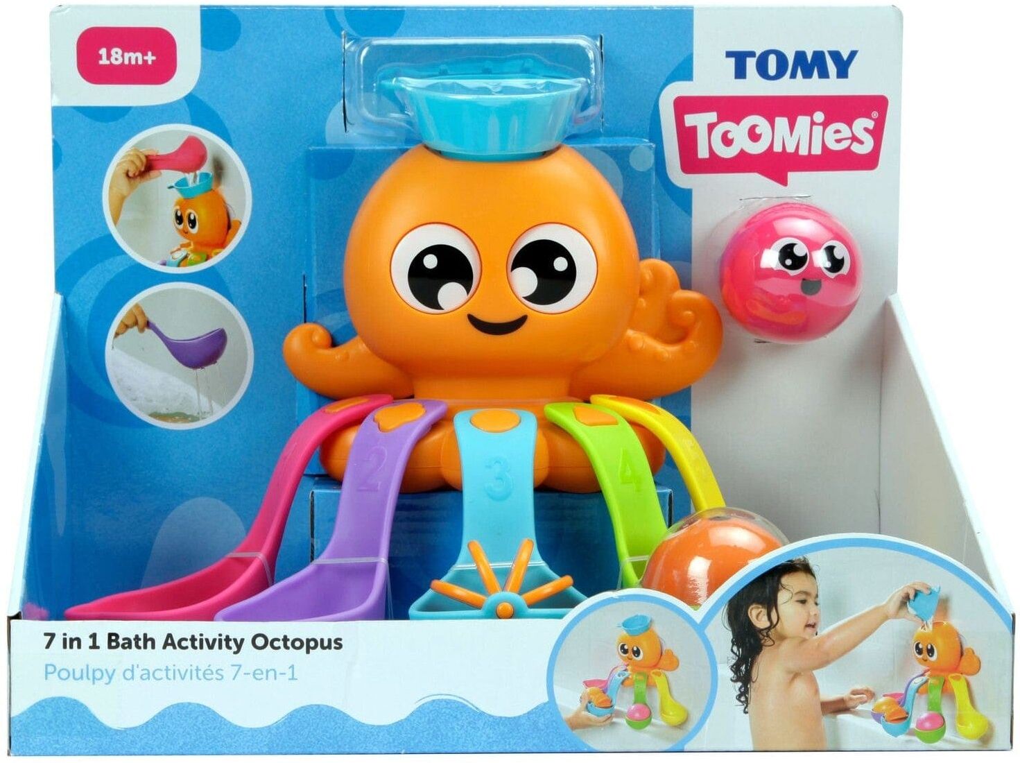 TOMY Toomies 7-in-1 Bath Activity Octopus for Toddlers - Orange - 18 Months and Over - Learning Through Play - Bath Time Toy