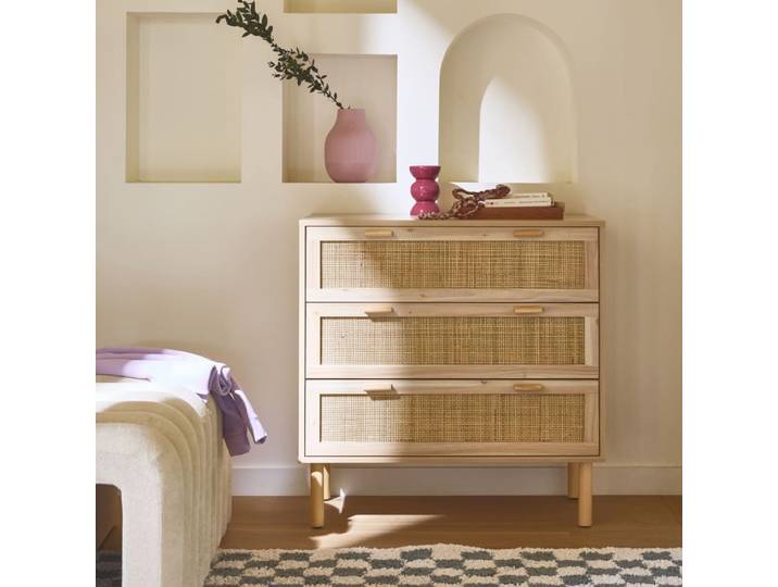 Commode 3 tiroirs cannage et décor bois