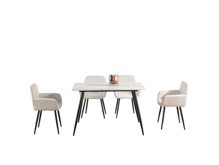 Ensemble table blanche effet marbre et 4 chaises tissu beige