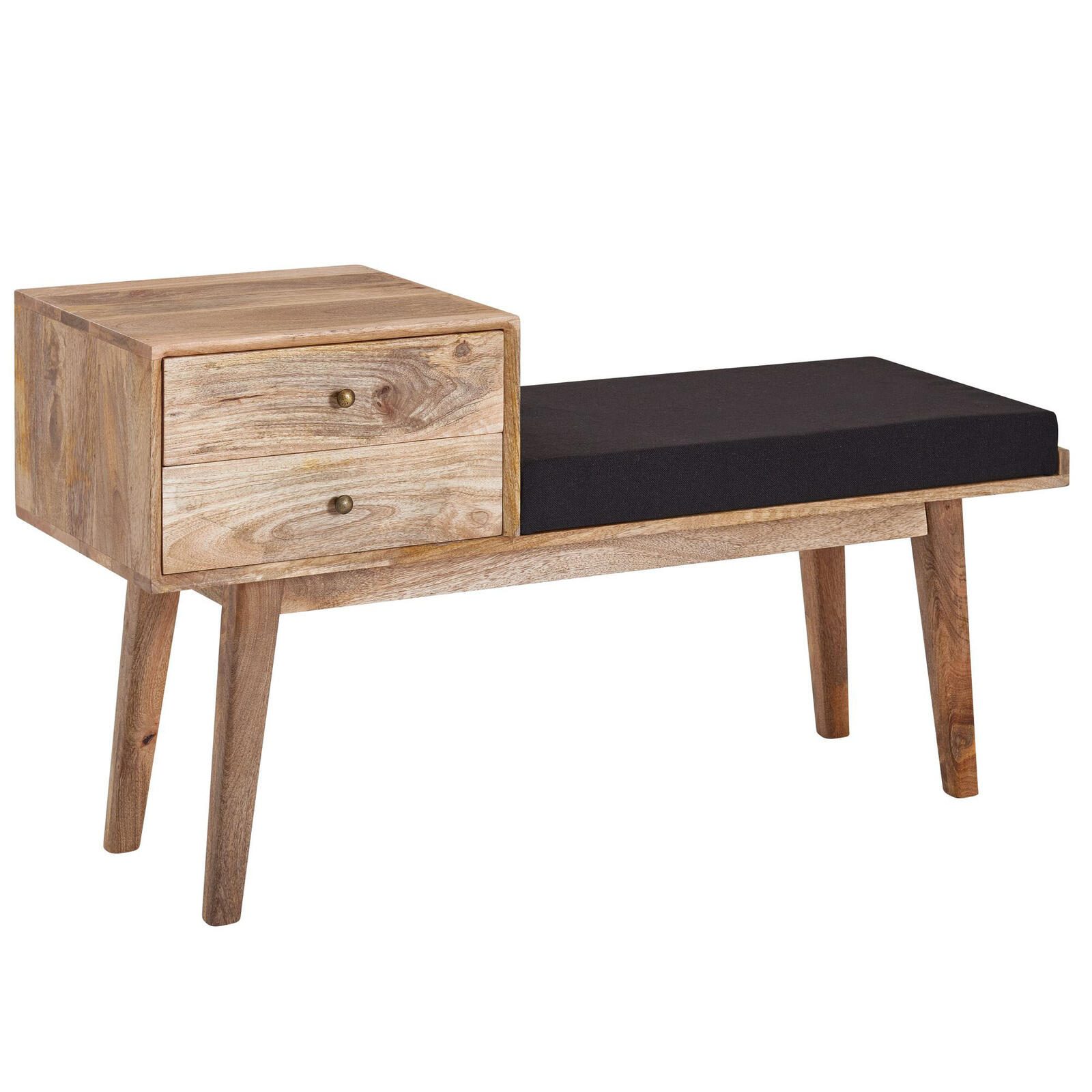 WOHNLING WL6.485 Sitzbank Stoff / Massivholz Bank 120x65x40 cm im Retro Stil mit Stauraum, Gepolstert Schwarz