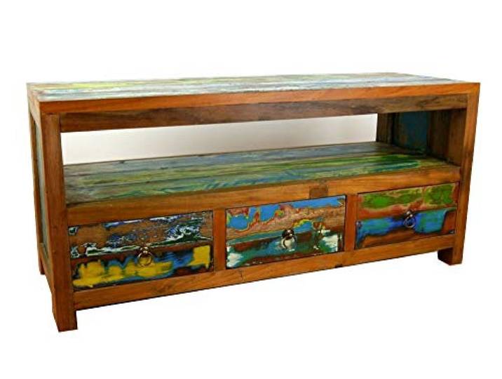 livasia Asiatisches Sideboard aus Massivholz – 110x40x50cm – Handgefertigt aus Teak Holz, Kommode aus recycelten Fischerbooten, Robust und Zeitlos, Shabby Look (Bunt)