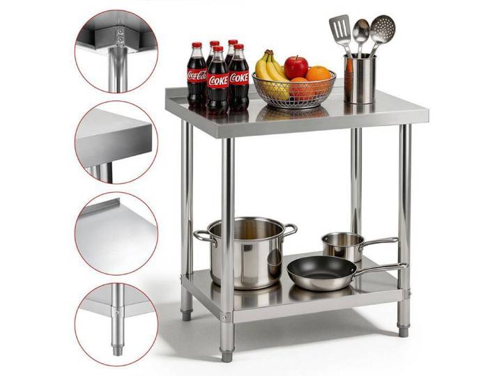 Table de travail cuisine - 60 x 90 x 90 cm - Acier inox - Dosseret intégré - 2 étagères