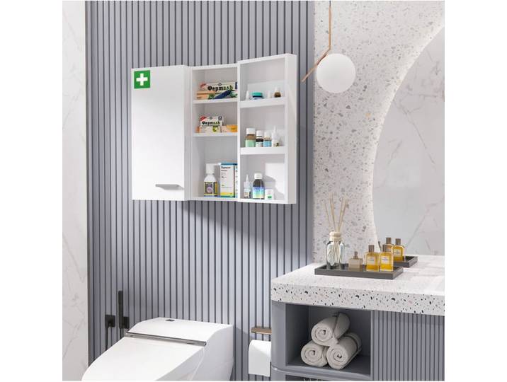 WOVREO Armoire à pharmacie murale 2 portes verrouillable 6 étagères acier blanc 55 x 18 x 60 cm